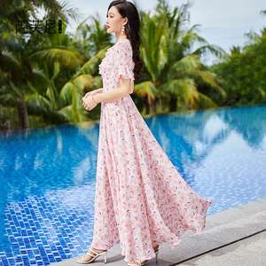 粉色印花连衣裙女夏天新款2022长款大摆裙飘逸雪纺度假沙滩裙长裙