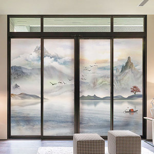 中国风山水画玻璃贴纸透光不透明客厅阳台门推拉门家用窗户磨砂膜