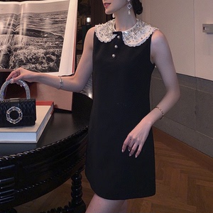 品质私渠货~miu谬家名媛水钻娃娃领拼接黑色醋酸赫本连衣裙小黑裙