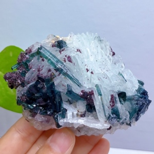 天然巴西透体蓝绿碧玺云母矿物晶体教学标本原石摆件碧玺水晶收藏