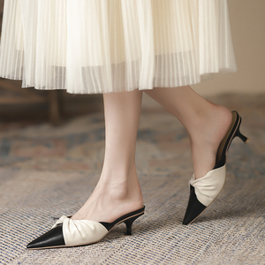 尖头半拖鞋女2022年秋季新款包头细跟晚风温柔高跟鞋低跟中跟单鞋
