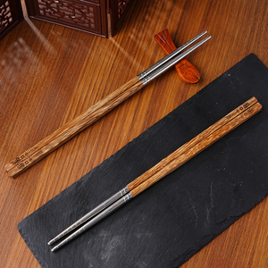 鸡翅木筷子304不锈钢筷实木无漆高端防滑家用轻奢快子方形中华筷