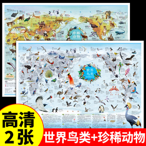 全2张 珍稀动物地图+世界鸟类地图2024版小尺寸学生专用儿童房专用地图挂图高清地图墙贴初中小学生专用地图百科知识地图背景墙