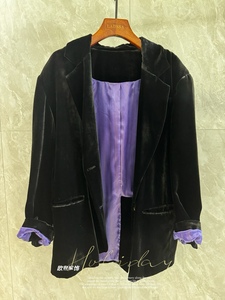 紫气东来 匠心真丝基布 金属扣黑丝绒复古法式宽松廓形女西装外套