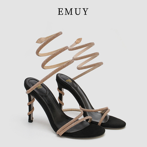 emuy黑色高跟凉鞋女细跟小众设计法式性感金色水钻蛇形缠绕时装鞋