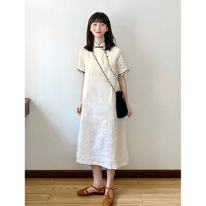 显瘦宽松高级感气质改良旗袍新中式国风白色连衣裙女夏季2024新款