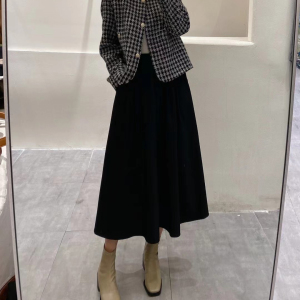 复古高腰半身裙秋冬中长款显瘦气质百搭a字裙伞裙黑色半身长裙子