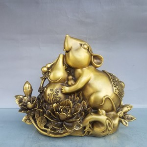 黄铜老鼠摆件纯铜聚宝盆鼠生肖鼠元宝福禄鼠五鼠运财客厅桌面装饰