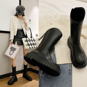 半筒靴马丁靴女春秋单靴厚底烟管靴子中长小腿靴v口大筒围高筒靴