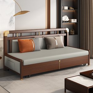 思雪现代新中式实木沙发床两用可折叠小户型推拉网红双人沙发床