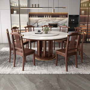 大理石餐桌家用新中式实木圆桌餐椅组合带转盘1.8米m吃饭圆形桌子