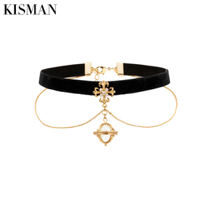 kisman原创时尚珍珠吊坠丝绒项圈双层颈带链choker锁骨链女配饰品