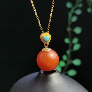 天然南红玛瑙圆珠吊坠银镀金镶嵌绿松石项链民族风时尚优雅款首饰