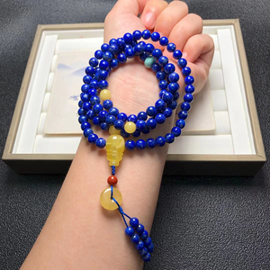 天然青金石108颗多圈手串民族风蜜蜡三通平安扣配饰气质女款手链