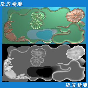 茶盘精雕图荷花金蝉茶台浮雕灰度图荷叶鲤鱼金蝉茶盘浮雕图