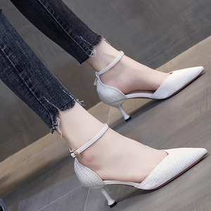 气质白色高跟鞋女2020年新款夏天职业百搭一字带中空尖头单鞋细跟