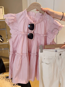 少女甜梦！！圆领飞飞袖粉色上衣女夏季法式甜美设计感小众衬衫