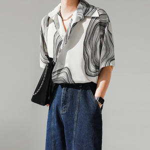 2022夏季抽象波浪纹宽松衬衫痞帅免烫法式花衬衣高级感纹理拼色潮