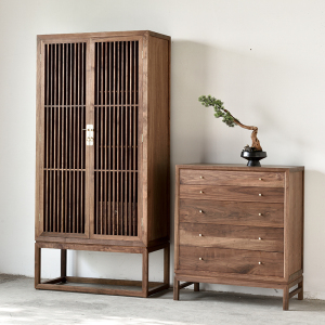 新中式黑胡桃木衣柜禅意卧室双开门收纳柜落地式实木衣橱仿古高柜