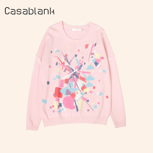 Casablank卡莎布兰卡春季新款韩版圆领套头卡通印花针织毛衫上衣