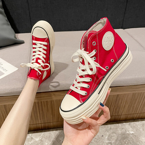 红色高帮帆布鞋女2022春夏学生板鞋软底女鞋子平底五角星星运动鞋