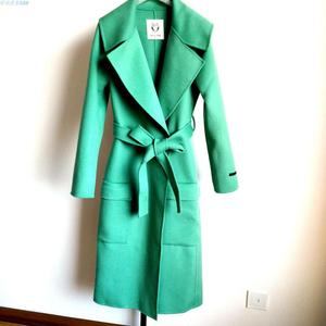 18年人气款鑫沣工厂绿薄荷绿色有腰带双面手缝羊绒羊毛女长大衣