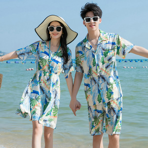 海边拍照情侣装夏装沙滩度假连衣裙2024新款男女海岛服高级感大码