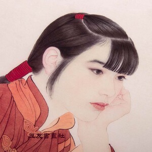 国画传统中国少女何家英工笔人物画独坐黄昏后画心复制画临摹装饰