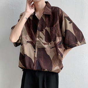 vintage衬衫巴洛克法式复古棕色冰丝衬衣短袖男80年代港风男装潮