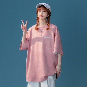 脏粉色320g重磅t恤麂皮绒卫衣短袖女美式小领口oversize情侣半袖