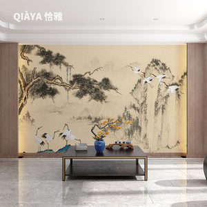 新中式山水松鹤轻奢客厅沙发电视背景墙简约现代古典壁纸墙布壁画
