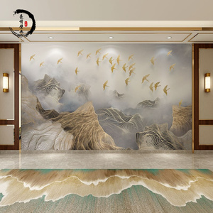 新中式抽象意境山水飞鸟电视背景墙壁纸客厅大气壁画卧室书房壁纸