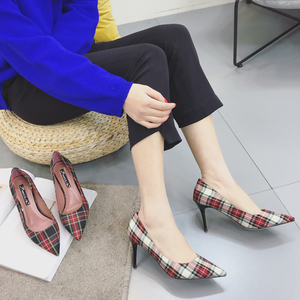 九头鸟2018春季新款女鞋高跟尖头千格鸟单鞋子