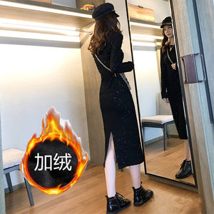 冬季加绒2021连衣裙女装新款韩版小个子时尚气质打底中长款黑色裙