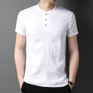 吉酷羊立领100%纯亚麻t恤中年男士夏季休闲商务麻料短袖清爽透气