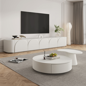 奶油风电视柜茶几组合现代简约小户型网红高款白色地台电视机柜