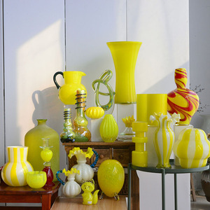 现代简约手工透明玻璃花瓶水培孤品浅黄色系插花摆件家居装饰花器
