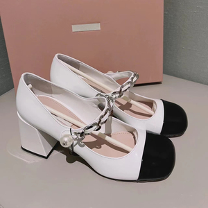 夏季新款miu*玛丽珍鞋小香风法式蝴蝶结漆皮珍珠链公主凉鞋高跟鞋