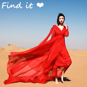 find尼泊尔沙漠旅拍长裙 异国复古连衣裙度假裙 红色轻婚纱小礼裙