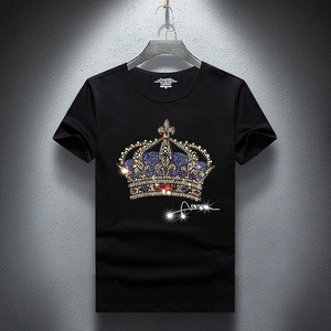 烫钻t恤男短袖潮牌皇冠打底衫社会人体恤帅气大码男装半袖衣服男