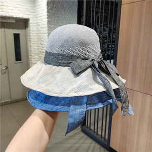 大帽檐遮阳帽子女式夏季防晒拼接透气布帽渡假海边沙滩时尚渔夫帽