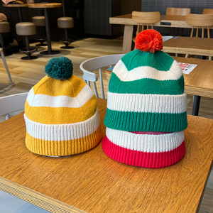 新款彩色条纹针织帽女秋冬季户外保暖百搭套头帽子可爱毛球毛线帽