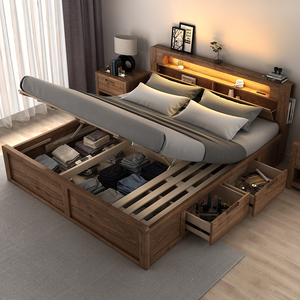 北欧橡木高箱储物收纳纯全实木床胡桃双人小户型现代简约1.8米1.