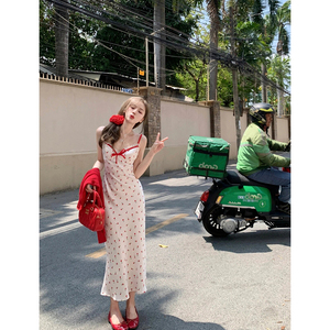 AN Maiden 法式气质时尚套装女夏季温柔碎花吊带长裙红色显白开衫