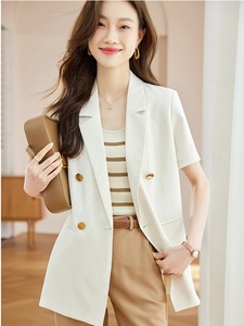 乳白色金属扣西装中长款外套女夏季薄款新款英伦风设计感短袖西服