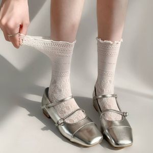 miu白色镂空蕾丝jk堆堆袜子女中筒配玛丽珍木耳边小腿袜薄款夏季