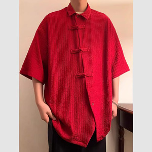 新中式男装订婚盘扣红色衬衫男短袖垂坠感唐装汉服七分袖冰丝外套