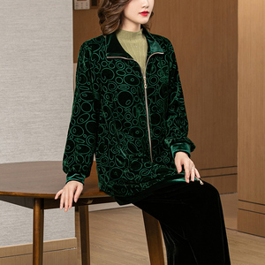 洋气妈妈中长款外套女春秋2021年新款气质翻领长袖宽松金丝绒上衣