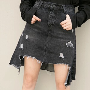 31女牛仔半身破烂毛边裙 6028款 包邮