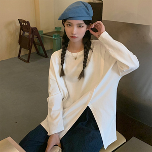 开叉长袖t恤女春秋百搭外穿学生宽松ins潮牌bf慵懒风oversize上衣